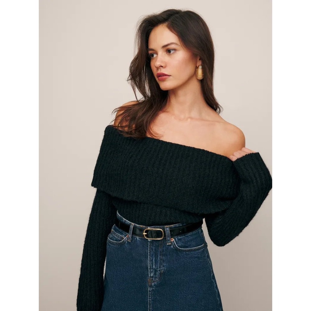 Reformation Oberon long sleeve off shoulder sweater black cozy soft chic